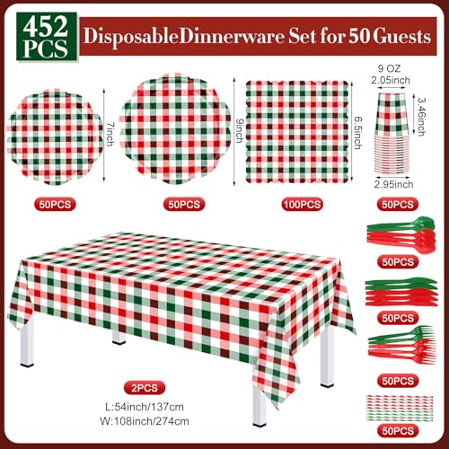 Image of Funnymoom 452 Pcs Red and Green Christmas Buffalo Plaid Party Supplies for 50, Scalloped Christmas Gingham Plaid Paper Plates Napkins Cups Tablecloth Cutlery Straws for Rustic Holiday Party Decoration