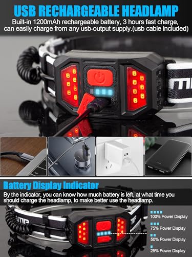 Linterna frontal LED de 1000 lúmenes con carga USB C y luz roja trasera 5