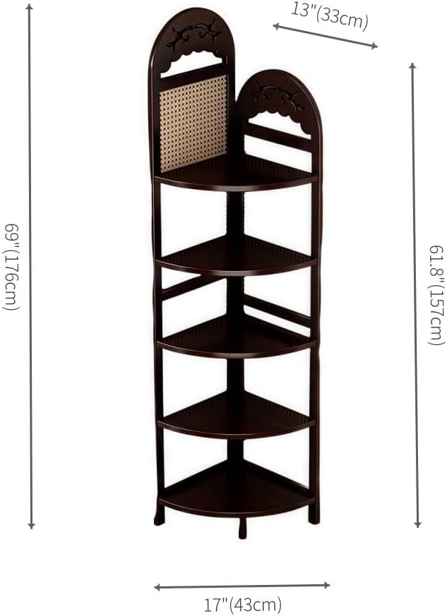 5-Tier Freestanding Corner Shelf, Retro Rattan Bookshelf with Bold Frame, Space-Saving Corner Stand for Living Room, Stylish Brown Storage Solution