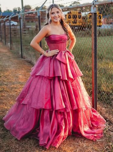 Women’s Tiered Tulle Prom Dresses Long Ball Gown Bow Ruffle Strapless Corset Sparkly Formal Evening Dress with Slit4