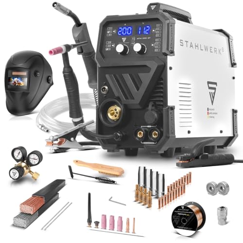 STAHLWERK Poste à souder combiné 3-en-1 MTM-200 ST – Kit complet – TIG, MIG/MAG, MMA jusqu'à 200 A, dévidage synergique, entraînement 4 galets, amorçage HF, compatible fil fourré, acier, tôles fines