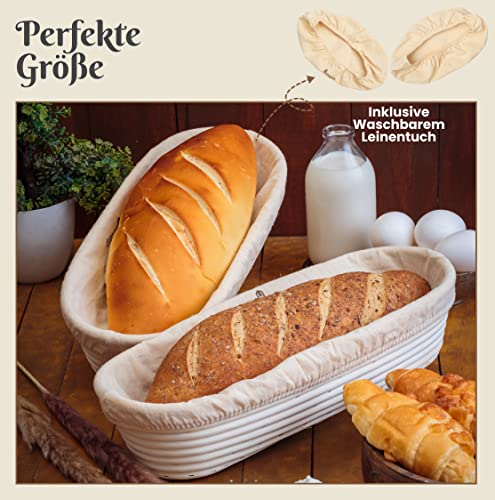 Foto von Häussgoods Ø35cm Gärkörbchen Oval inkl.1+1 Leineneinlage & Handbuch & e-Book – Rattan Gärkorb Set für 1KG Teig – Geruchsneutral & Einfach zu Reinigendes Gärkörbchen – Ideal zum Brote Backen & Lagern