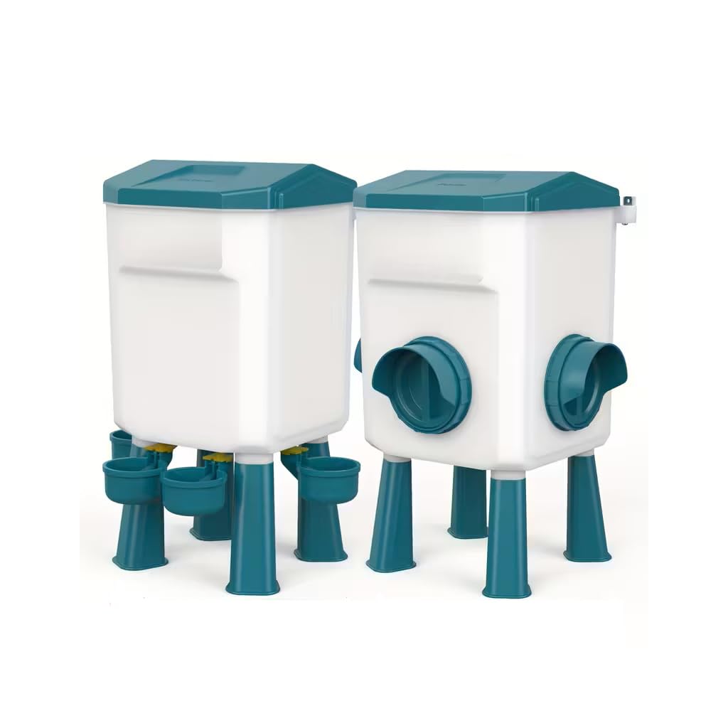 Easy Media Abbeveratoio 12 kg + Mangiatoia 11 L per Galline, Anatre, Oche, Polli, Pollame – sistema automatico, antispreco, con 4 Beverini e 3 Bocche di Alimentazione