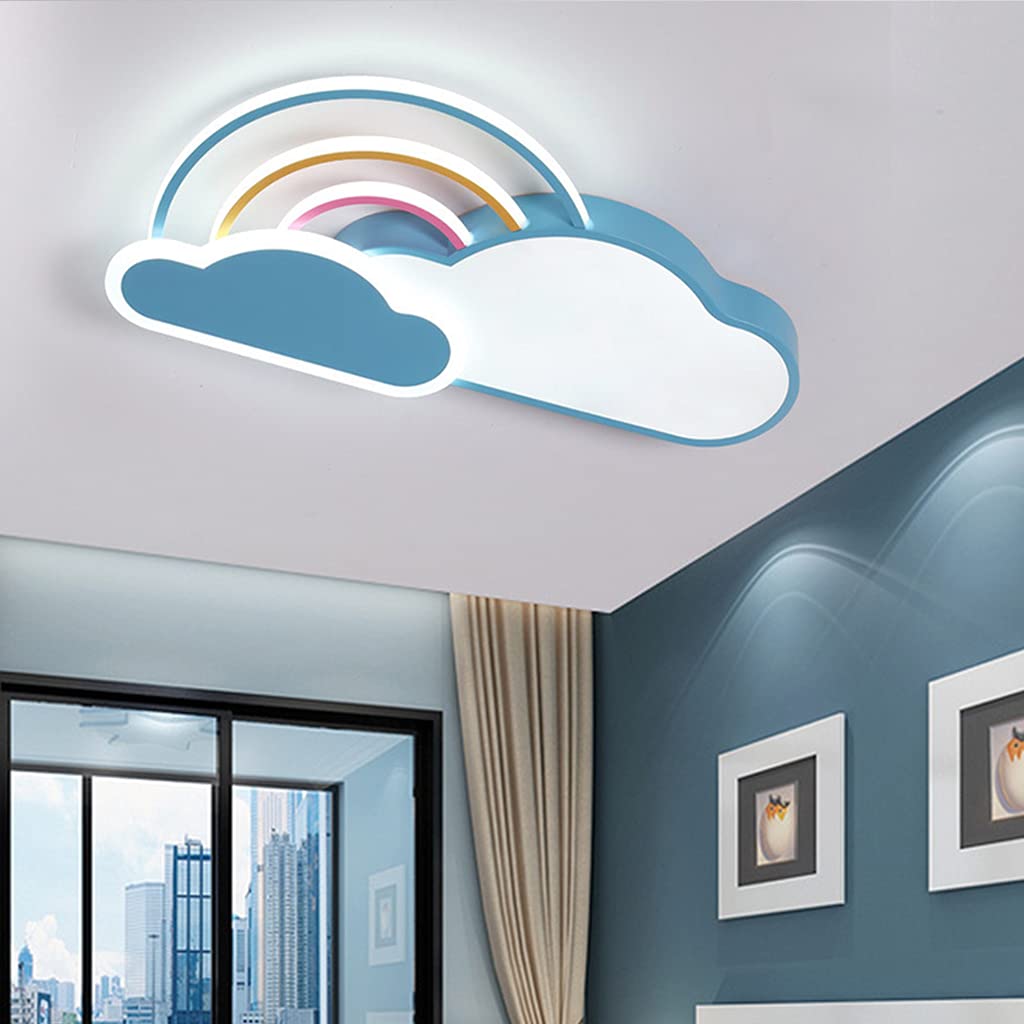 Luz de techo led lámpara para habitación niños dibujos animados modernos nubes blancas arco iris niños niñas luz techo pantalla acrílico control remoto dormitorio bebé lámpara sala estar,Azul,50cm