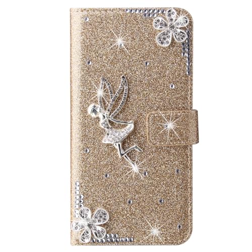 XYX Wallet Case for Samsung Galaxy S25 Ultra 5G 6.9 inch, Glitter Crystal Angel Diamond Luxury Flip Card Slot Phone Protection Cover Girl Women, Gold