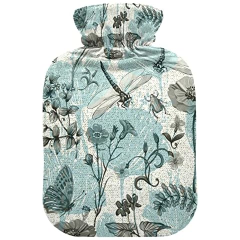 Hot Water Bottle with Cover, 1L Durable Hot Water Bag for Hand Feet Warmer, Shoulder and Neck Pain Relief, Cramps,Hot Compress and Heat Therapy, Pattern of Vintage Summer Botanical Butterfly Dragonfly Cover