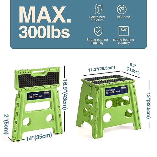 Image of Flottian 13 inch Folding Step Stool for Adults and Kids Holds Up to 300 lbs,Non-Slip Folding Stools with Handle, Compact Plastic Foldable Step Stool for Bathroom,Bedroom, Kitchen,Grass Green,1PC