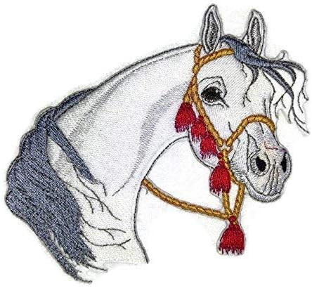 BeyondVision [White Arabian Horse] Custom And Unique Horse Face Embroidered Iron On Sew Patch 5.3 X5 White, Black,brown, Grey