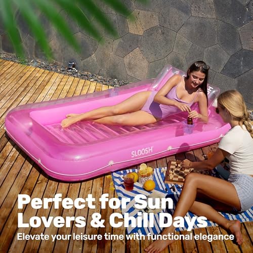 SLOOSH Inflatable Tanning Pool Lounger Float, 85" x 57" Extra Large Pool Floats Adult with Pillow, 4 in 1 Suntan Tub Raft Floatie,Sunbathing Bed Lounge for Water Blow Up Ball Pit Party Gifts, XL-Pink — view 7