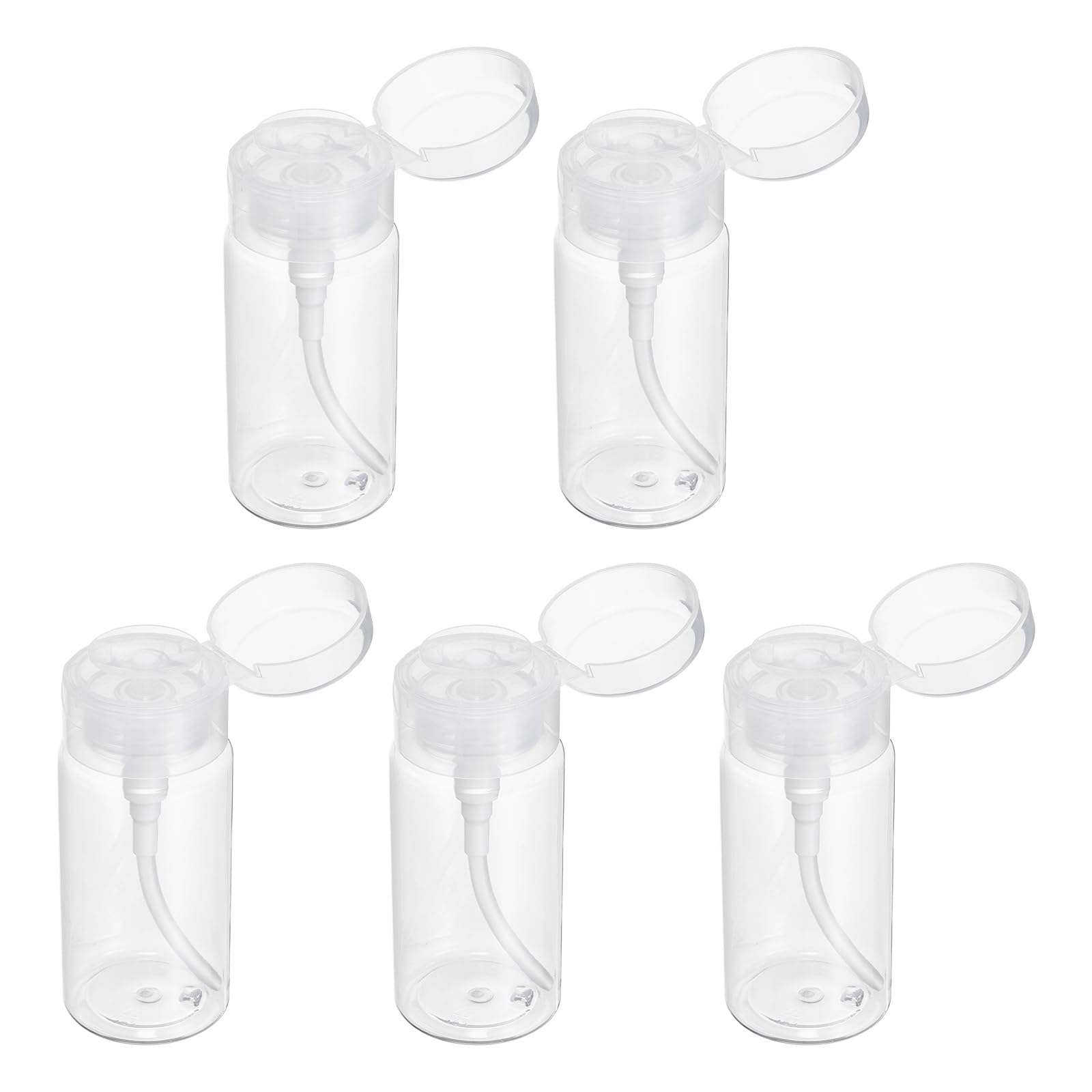 Muiltvoe 5pcs Push Down Pump Dispenser 5.3OZ (150ML) Plastic Nail Polish Remover Pumping Empty Bottle with Round Flip Cap for Makeup Remover Alcohol Facial Toner, Clear