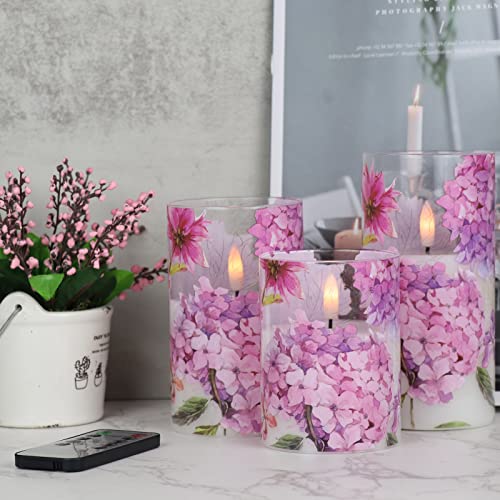 Image of Pink Hydrangea Glass Flameless Candles with Remote Timer Battery Operated LED Pillar Candles Realistic 3D Wick Flickering Real Wax Wedding Dinner Holiday Decor Candle 3 x 4,5,6 Inches