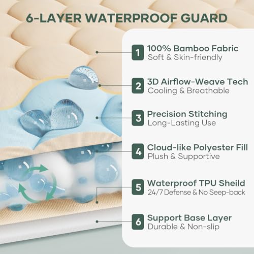 OhGeni 100% Waterproof Mattress Protector, Queen Size Mattress Pad, Fits 6"-20" Mattresses with Deep Pocket, Cooling, Breathable Fitted Sheets, Soft Bed Cover, Noiseless, Machine Washable, Beige