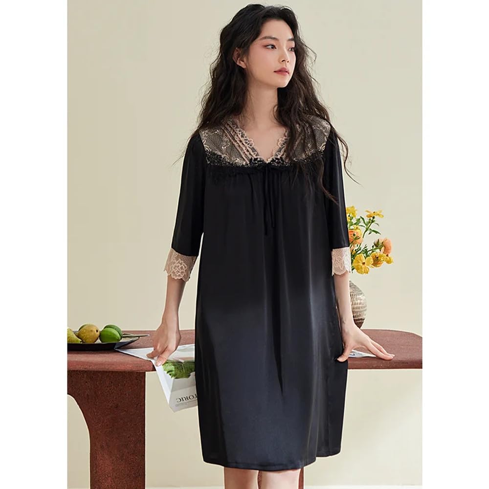 Camicia da Notte Donna - Camicie da Notte Lunghe Indumenti da Notte in Pizzo con Scollo A V Abito Estivo in Raso di Seta Femminile Camicia da Principessa A Mezza Manica Vestaglie da Donna