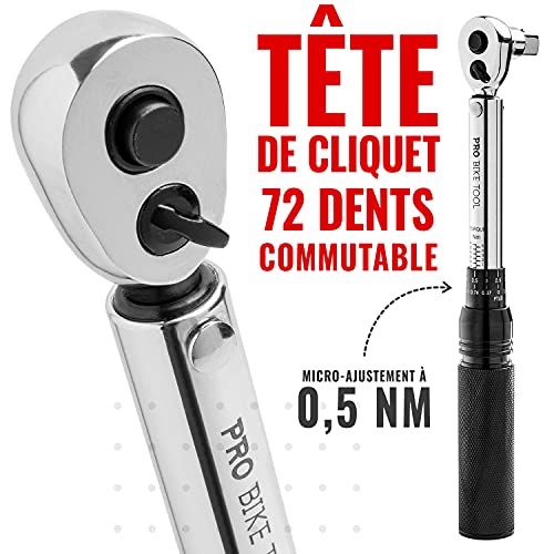 PRO BIKE TOOL Jeu de clés dynamométriques à clic d'entraînement 3/8" 10 à 60 Nm – Kit d'entretien de vélo pour vélos de route et VTT, moto – Comprend adaptateurs 1/2" et 1/4" – vue 3