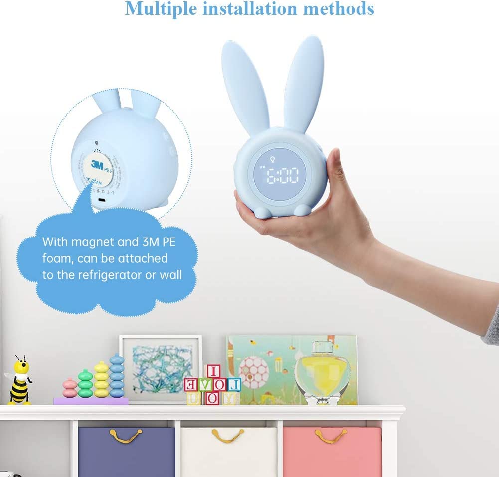 YONGYAO Wecker Kinder Lichtwecker Hasen wecker Kinderwecker Jungen blau Rabbit Alarm Clock mit Schlummerfunktion, 6 Laute Geräusche, zeitgesteuertes Nachtlicht Geschenk für Kinder Kawaii Deko