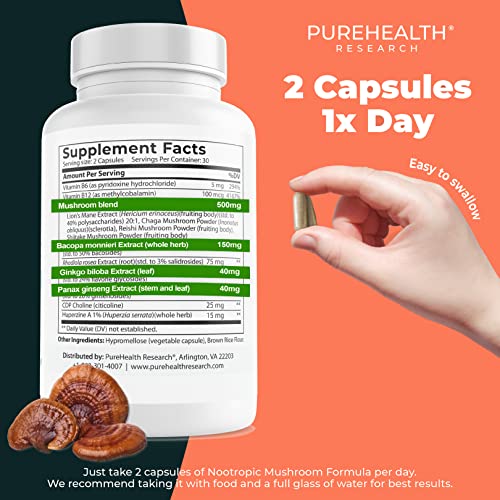 Nootropics Brain Memory and Focus Supplement - Lions Mane, Shiitake, Chaga, Reishi Mushrooms Powder - Improve Cognitive Health with Bacopa Monnieri and Gingko Biloba Extract , 60 Capsules - Image 6