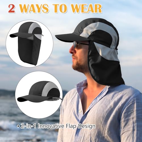 Image of Mens Sun Hat with Breathable Mesh Sun Hats for Men Sun Protection Fishing Hat with Neck Flap for Hiking Cycling Black