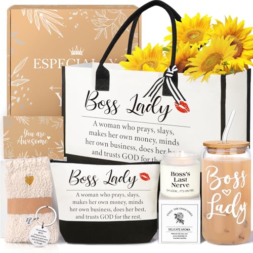 Boss Lady Gifts for Women Best Boss Gifts for Bosses Female Funny Birthday Christmas Thanksgiving Administrative Professional Day Gift Office Appreciation Work Bestie Gift Set 16oz Canvas Tote Bag