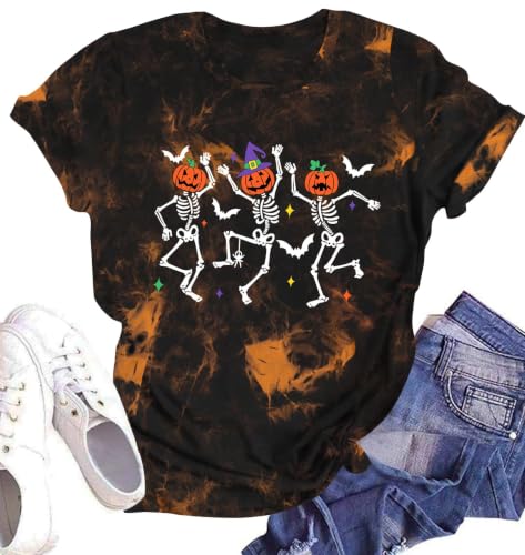Hot Coffee Skeleton Shirt for Women Halloween Skeleton T-Shirt Funny Fall Skull Graphic Tees Tops Blouse Gift(Medium,As Shown-3)