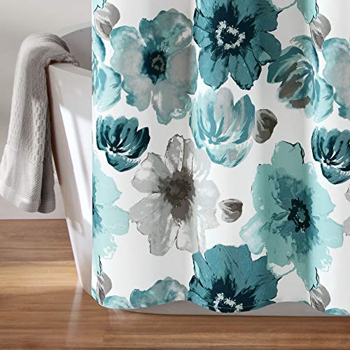 Image of Lush Decor Leah Floral Shower Curtain, 72 inch W x 72 inch L, Blue - Fabric Shower Curtains - Watercolor Botanical Bathroom Curtain - Farmhouse & French Country Decor
