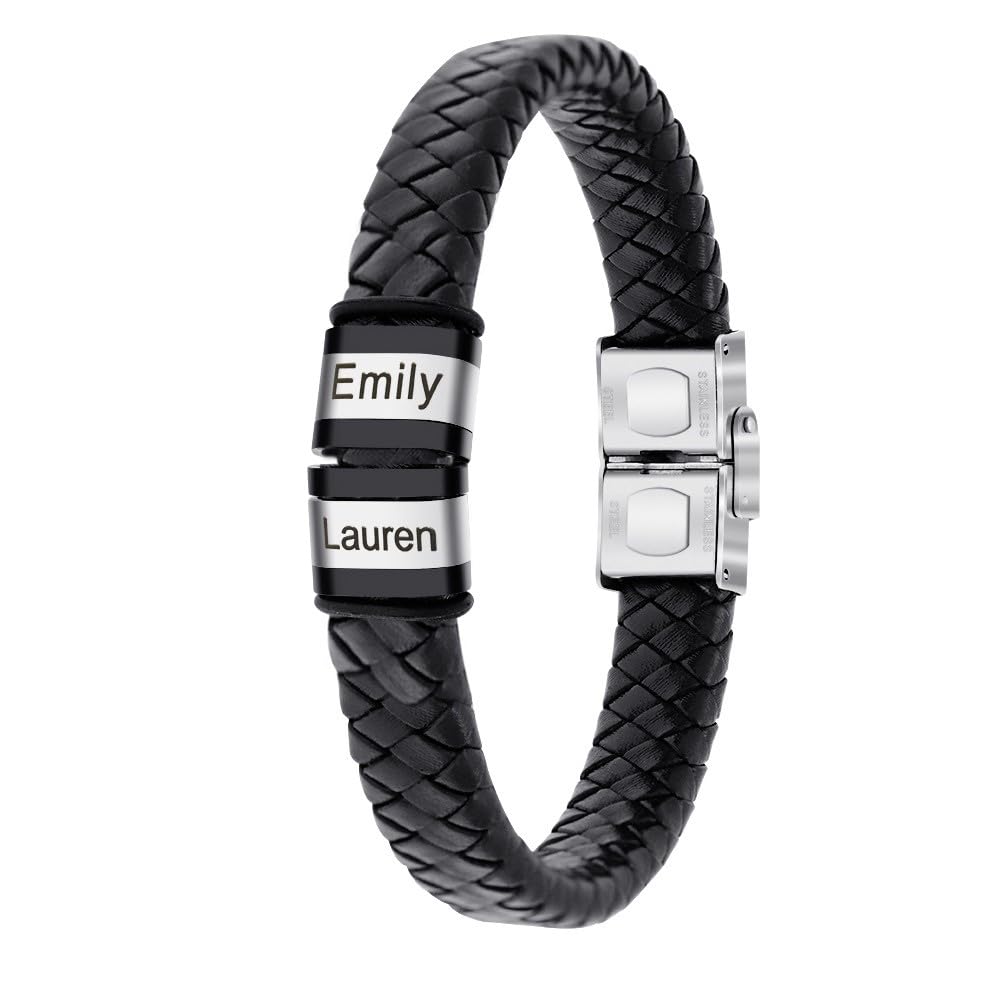 Myjewel Your Customized Text | Laser Engraved Mens Leather ID Bracelet in Rope Stainless Steel, Silver, and Black - Stylish and Meaningful Gift for Men| Personalised Leather Wrist Band (Two Names) (B0CH1MJNXY) Amazon Price History, Amazon Price Tracker
