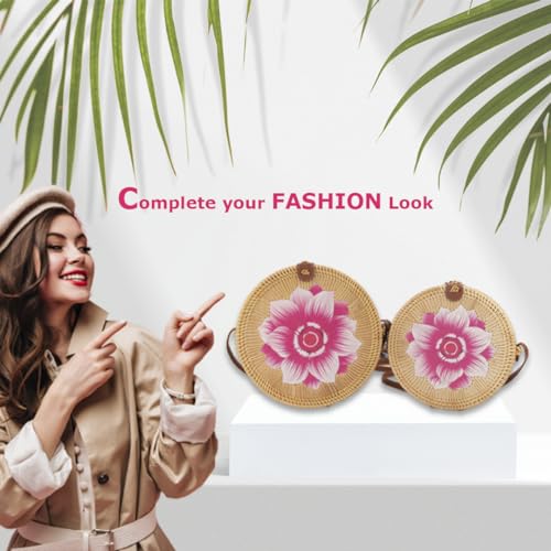 Bolso redondo de ratán para mujer, bolso de playa de paja, bolso tejido a mano con diseño floral (pequeño) miniatura 3