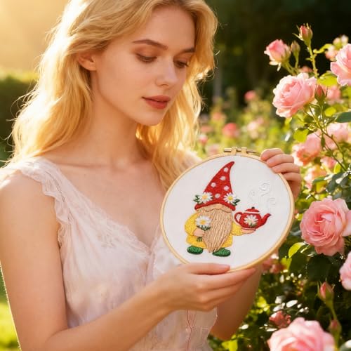 Image of BEUNITONE 4 Set Gardener Gnome Embroidery Kit for Adult Beginners with Hoop