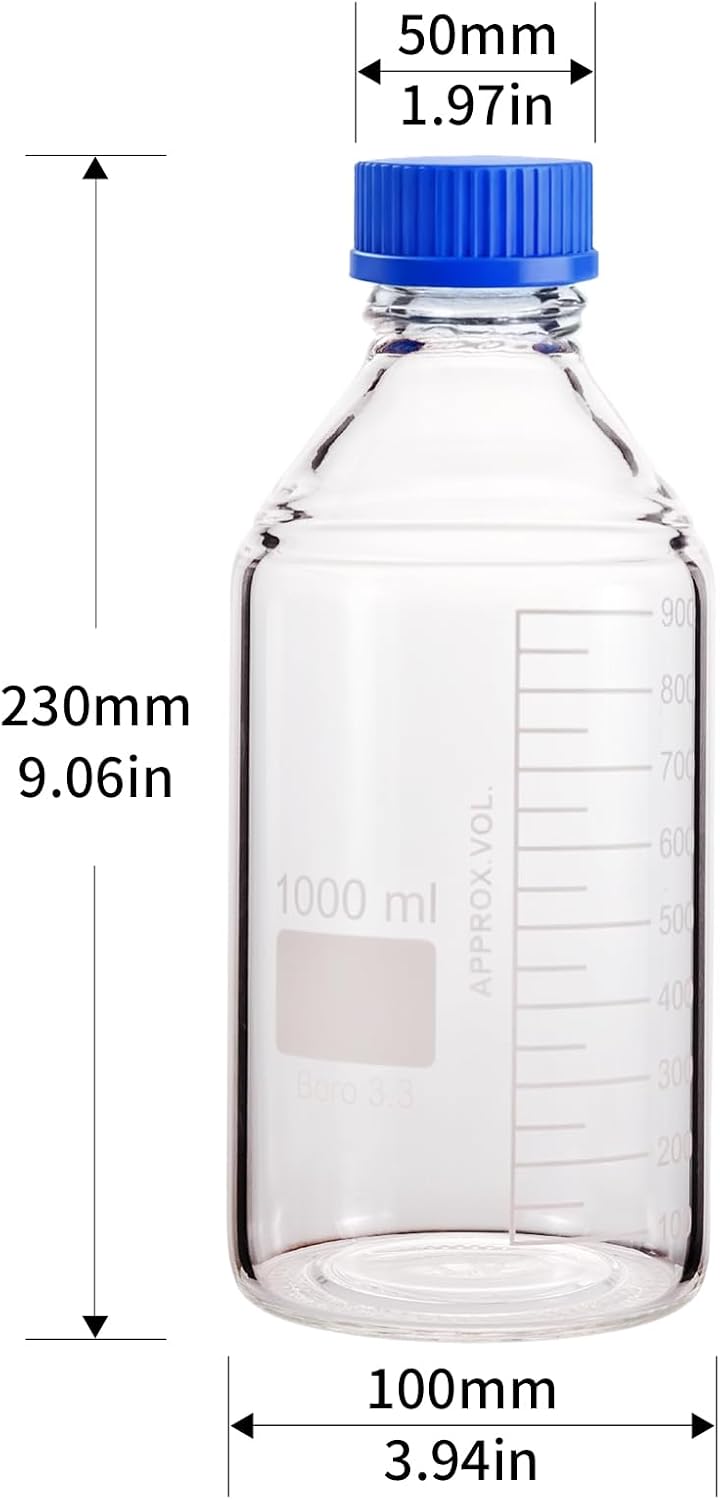 1000ml Glass Round Media Storage Bottle with GL45 Screw Cap, Borosilicate Glass Media Bottle (Pack of 1)