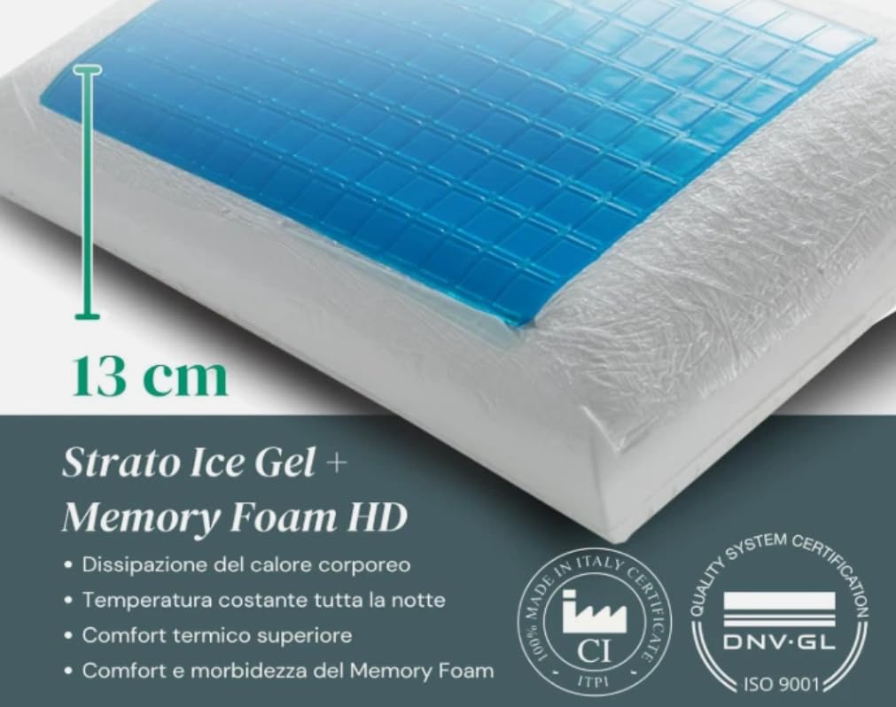 Generico Cuscino -Guanciale in Memory Foam con Gel Anallergico, Fodera Antiacaro Sfoderabile Tessuto Traspirante Lavabili in Lavatrice, Guanciali 40x70 Alti 13cm