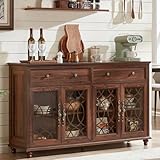 Joaxswe Farmhouse Sideboard Buffet Cabinet with Storage,59' Large Credenza with 4 Glass Doors & 2 Drawers,Adjustable Shelves Console Table,Wood Kitchen Coffee Bar for Dining Room,Living Room,Brown