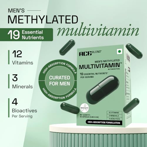 Image of Ace Blend Multivitamin Capsules for Men | Pack of 120 | Methylated Multivitamin with 19 Essential Nutrients | Quatrefolic, MenaQ7 & Vitashine D3 | Supports Energy, Immunity, Focus & Heart Health