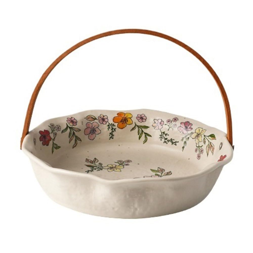 IROEJT Countertop Fruit Bowl Floral Ceramic Fruit Basket With Handle Rustic Serving Bowl For Snacks Farmhouse Table Decor Kitchen Fruit Basket Bowl