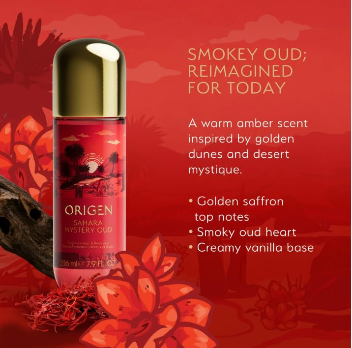 O..rigen Sahara Mystery Oud Hair and Body Mist for Women, 7.9 oz – Deep Warm Amber Woody Fragrance with Oud, Saffron, and Vanilla