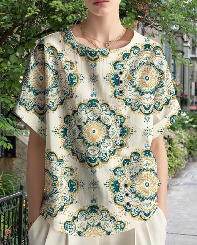 2025 Summer Linen Boho Shirts for Women Floral Print Blouse with Button Round Neck Short Sleeve Relaxed Draped Tops3