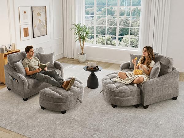 Image of Oversized Chair and A Half, Chenille Tufting Accent Cozy Reading Sofa Chair with Storage Ottoman, Upholstered Loveseat Chaise Lounge Sofa with Adjustable Back for Living Room, Office, Sunroom, Brown