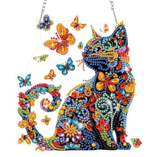 Kit de peinture diamant adulte avec pendentifs de fenêtre en strass chat