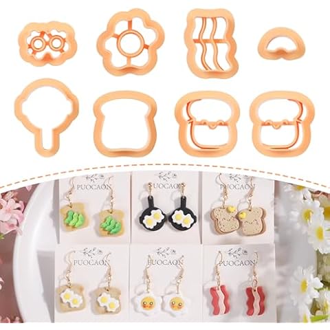 Puocaon Bakery Polymer Clay Cutters - 8 Pcs Clay Cutters for Polymer Clay Jewelry, Cute Toast Clay Earring Cutters, Fried Eggs Bacon Clay Cutters for Polymer Clay Earrings, Frying Pan Clay Cutters Cover