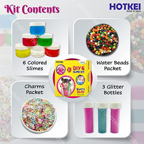 Image of HOTKEI (6 Slime Kit) DIY Multicolor Fruit Scented Slime Gel Jelly Putty Set Toys Kit for Boys Girls Kids Aged 3 to 10 Years 300 gm with Accessories Glitter, Charms, Water Beads Set