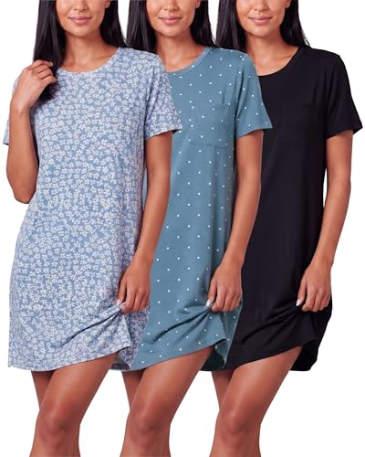 Image of Real Essentials 3 Pack: Women's Short Sleeve Nightgown Dress - Nightshirt Pajama Sleep Shirt Sleepwear (Available In Plus)