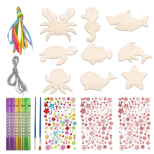 9-teiliges Meerestier-Windspiel-Set, kreative Cartoon-Hängedekorationen für den Außenbereich, kreatives DIY-Windspiel-Set, hölzernes Meerestier-Gemälde, verwendet für Fenstern und Gärten