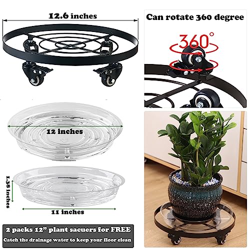 Planterhoma 3 Packs Large Metal Plant Caddy 12.6 Inch Plant Dolly With Wheels Heavy-Duty Wrought Iron Rolling Plant Stand With Casters For Indoor And Outdoor Plant Pot Rollers Black thumb #3