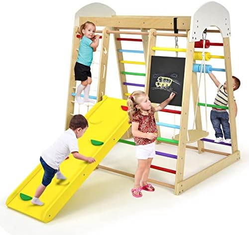 Maxmass Kids Climbing Frame, 8-in-1 Wooden Climber Playground with Slide, Monkey Bars, Drawing Board, Abacus and Swing, Multifunctional Jungle Gym Playset for Indoor & Outdoor (Colorful)