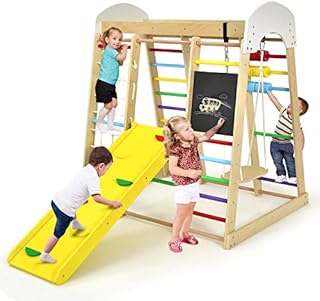 GYMAX Indoor Toddler Climbing Frame Set, 8 in 1 Kids Climber Playset with Slide, Swing, Crawling Ladder, Drawing Board and Abacus Game, Playground Wooden Climbing Toys for 3 Year Olds + (Colorful)