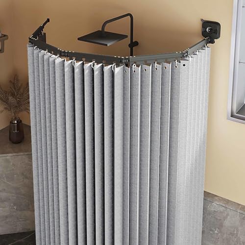HLTQL Duschvorhang Ohne Bohren,duschvorhangstange L/u Form Und Starker Saugnapf, Faltbarer Duschvorhänge Anti Schimmel Wasserdicht/waschbar Für Eckdusche, Shower Curtains,Grey-3-Folds