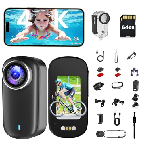 POV Camera Action Camera 4K 64GB Clip Body Cam Waterproof Long Battery Life Mini Body Camera with 1200 mAh Battery Wearable Thumb Bodycam for Surfing Diving Skiing Cycling and Vlogging