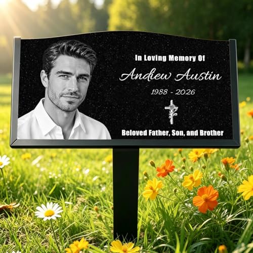 Image of Personalized Granite Memorial Stone, Custom‑Engraved Grave Marker w / Photo