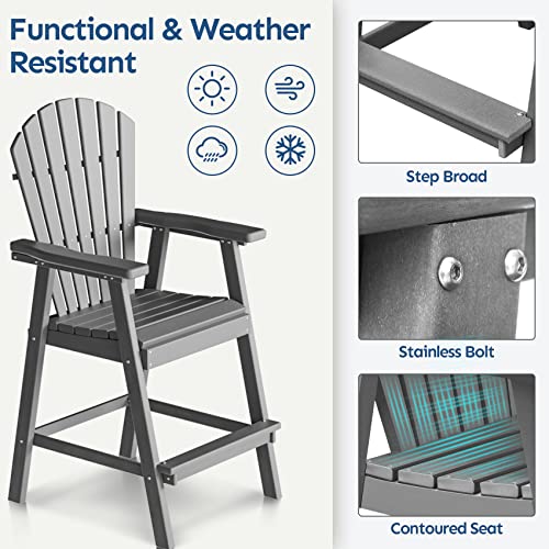 Pasamic Tall Adirondack Chair Set Of Two, Hdpe Balcony Chair, Patio Bar Stools Weather Resistant For Outdoor Deck Lawn Garden Swimming Pool, Grey #TOP3