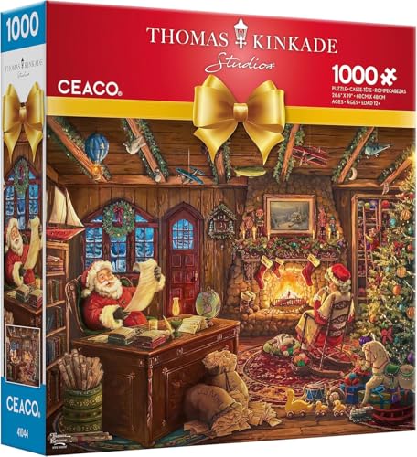 Ceaco - Puzzle Thomas Kinkade Santa Checking His de 300 piezas para adultos, arte de Thomas Kinkade, tamaño terminado 26.6 x 8 x 2.25 pulgadas, hecho en USA, cartón reciclado, incluye póster miniatura 1