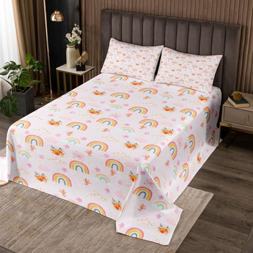 Manfei Kids Rainbow Bedspread Queen Size, Cute Cloud Flower Coverlet Set, Cartoon Pink Quilted Coverlet with 2 Pillowcases, Girls Princess Room Decor, Soft Polyester Bedding Quilt