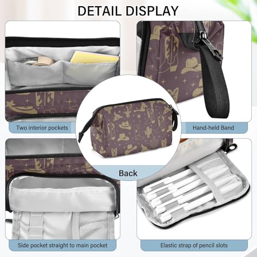 Image of Western Cowboy Dark Brown Pencil Case Pouch Big Capacity Pencil Bag Box Organizer Pen Case with Zipper Pencil Boxes for Girls Boys Adults Women School Office